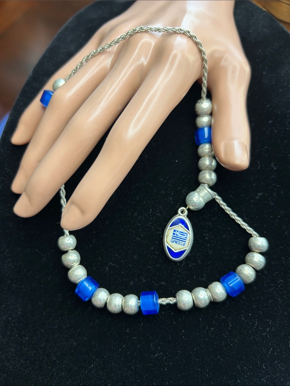 Rosary from Greece vintage with 23 beads total charm 2 sided with blue flag